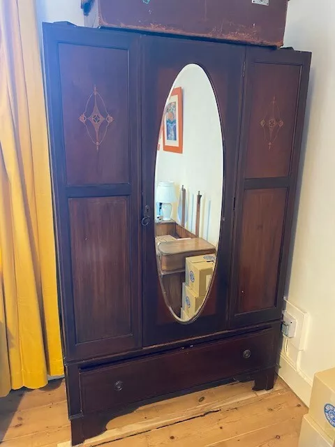 Period inlaid wardrobe with drawer and mirror