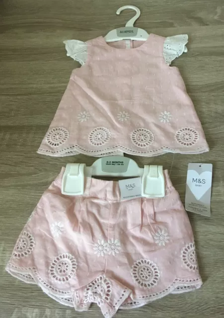 M&S Baby Girls Pink & White Top & Shorts Set Age 3-6 Months Bnwt Present Xmas