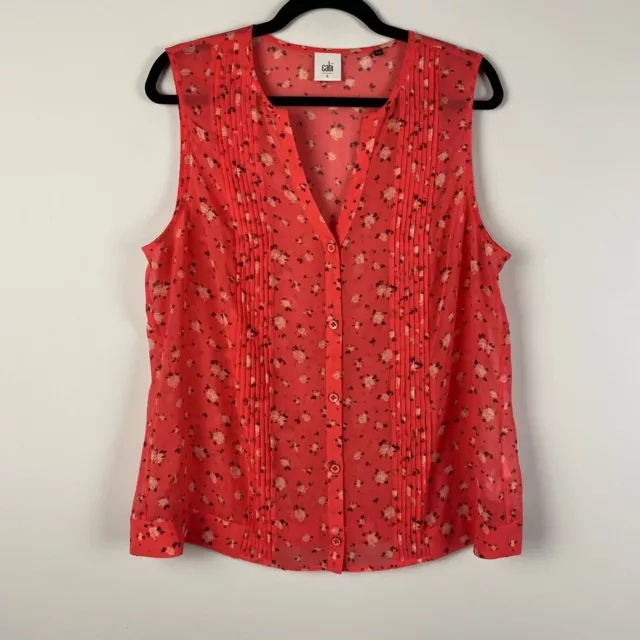 CAbi Pintuck Sleeveless Coral Floral Semi~Sheer Blouse Size Large Style #5350