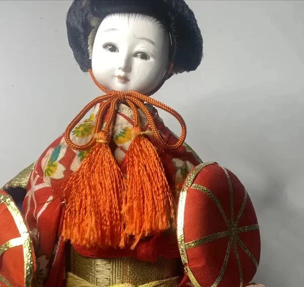 JAPANESE HAT DANCE Geisha Doll Red, Vtg Kimono 8.5 Inches Tall,hair