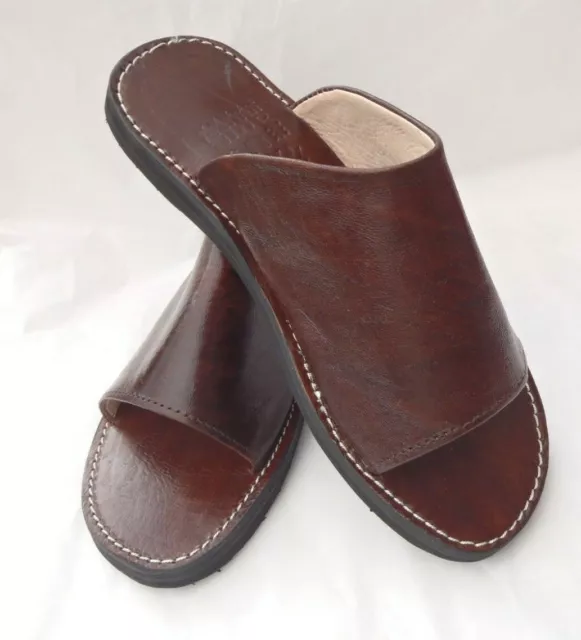 MENS 100% MOROCCAN LEATHER  BACKLESS, SLIP ON'S  * SANDALS * BROWN  *  5 Sizes