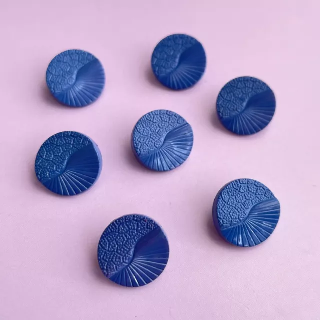 Set of 7 cobalt blue plastic buttons with shank - art deco style carved plastic