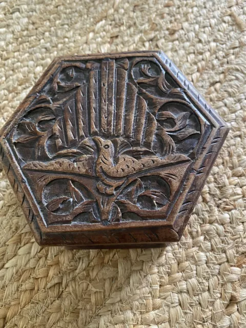 Vintage Hexagon Dark Wood Box Carved Trinket Jewellery Bird Brown