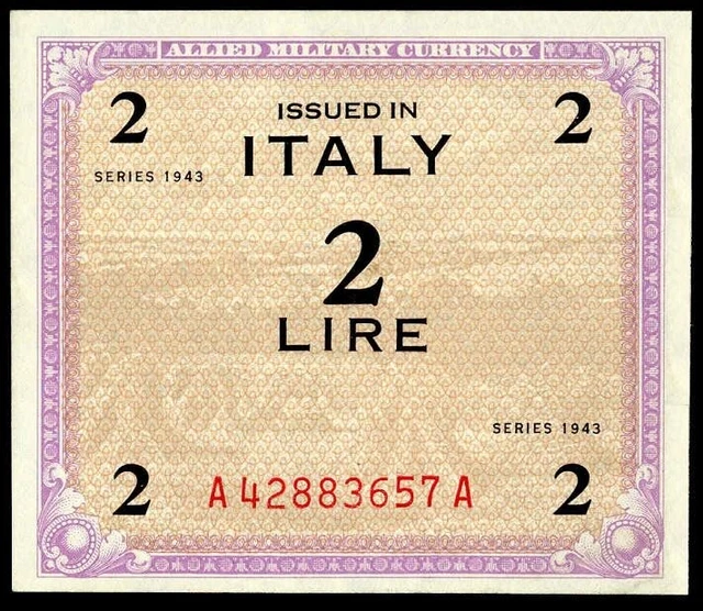 Italy 2 Am Lire 1943 Au/Unc. Allied Military American Occupation Flc. Banknote