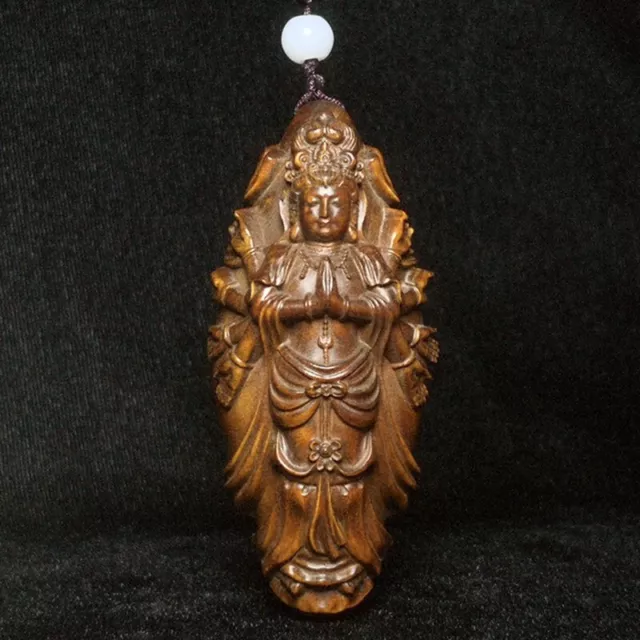 Chinese Boxwood Hand Carved KWAN-YIN Avalokitesvara statue netsuke Gift H 7.8 CM