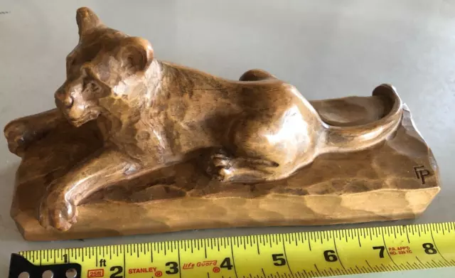 Vintage Hand carved Young Mountain Lion Laying Down On Base- 8.25" Long- Signed!