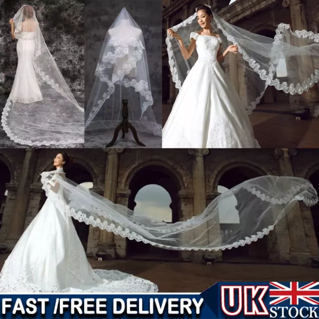 Ivory Chapel Length Cathedral Applique Edge Wedding Bride Lace Veil 1.5/2/3/5M