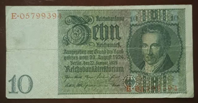 Reichsbanknote zu 10,- Reichsmark 22.01.1929 sehr gut erhalten.