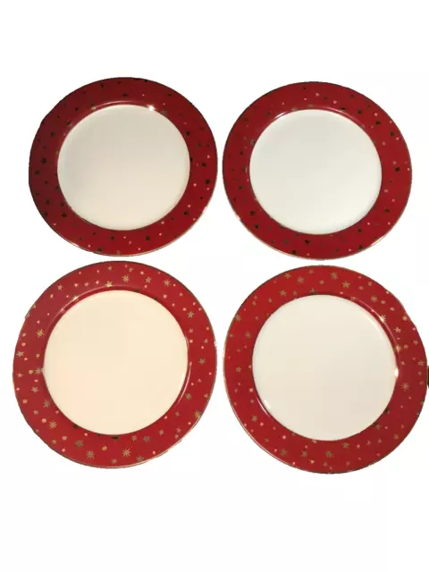 Sakura Galaxy Porcelain 10.5" Dinner Plates Red & 14K Gold Stars Trim Set Of 4