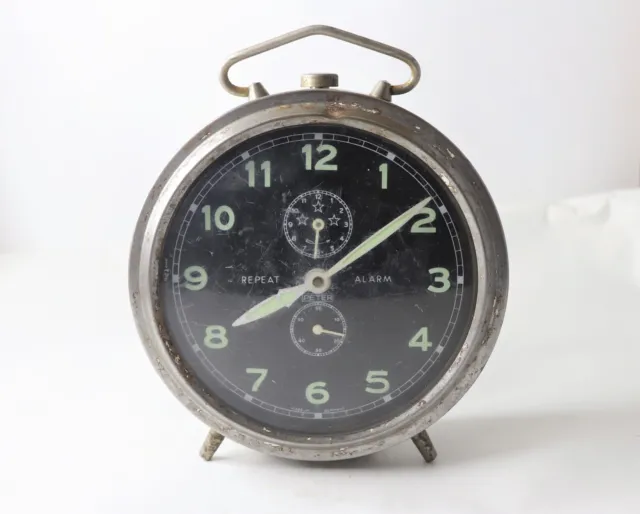 Antique Peter Repeat Large Alarm Clock Black Dial German Alarm Glow In Dark Rare