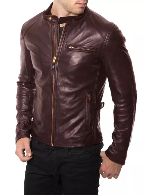Men's Genuine Lambskin Leather Jacket Bomber Biker Motorcycle Slim fit Soft Coat