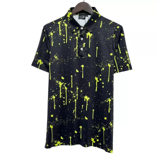Sunday Swagger Mens Golf Polo Shirt Black & Neon Green Paint Splatter NWT Size M