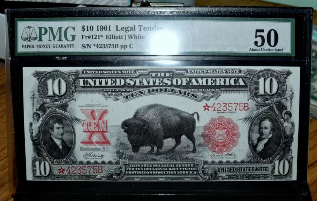 1901 $10 Legal Tender Star Note  Pmg Au-50  Fr 121* Bison About Unc