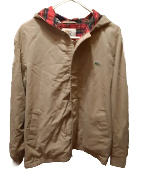 Vintage Lacoste Izod Jacket Mens M Beige Tan Red Plaid Lined Bomber Khaki