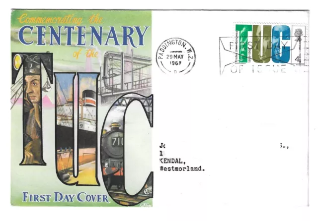 GB – 1968 FDC by Connoisseur Anniversaries TUC 4d stamp, Slogan FDI & Paddington