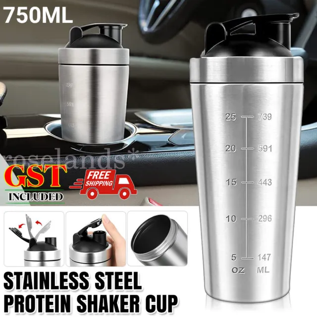 1/2x 750ml Stainless Steel Protein Shaker Cup Mixer Leak Proof with Blender Ball