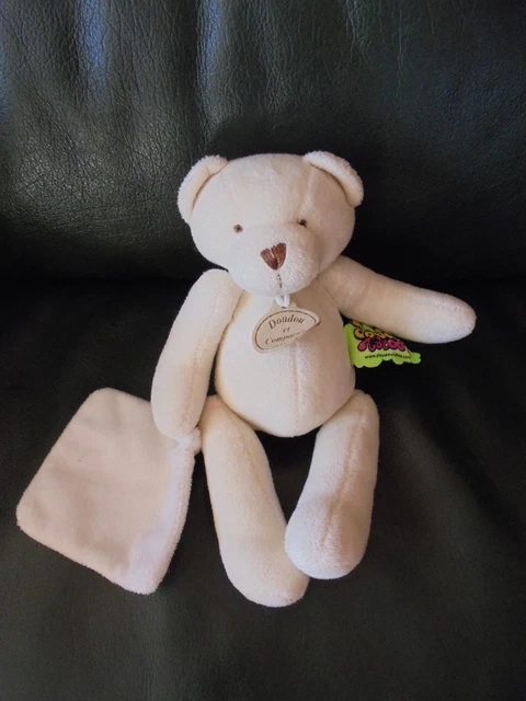 Doudou et Compagnie Ours Tatoo Beige Mouchoir Blanc
