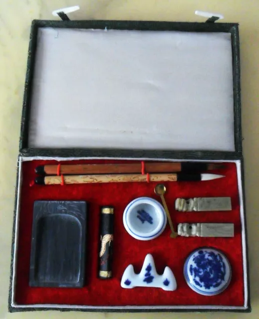 Vintage Chinese Calligraphy Set Fan Box 5 Brushes Red Ink Stone