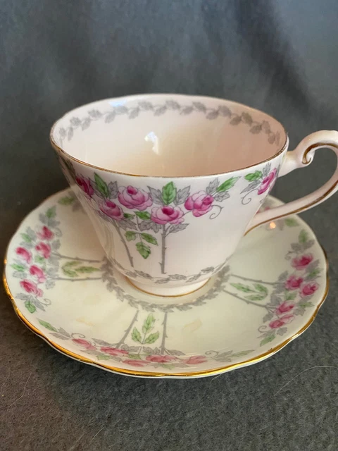 Vintage Tuscan England Cup Saucer Pink Roses thorns Art Nouveau style bone china
