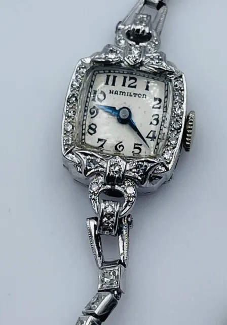 Hamilton Antik Kunst Deko 14k Weiß Alle Gold Diamant Damen Armbanduhr Armband 2