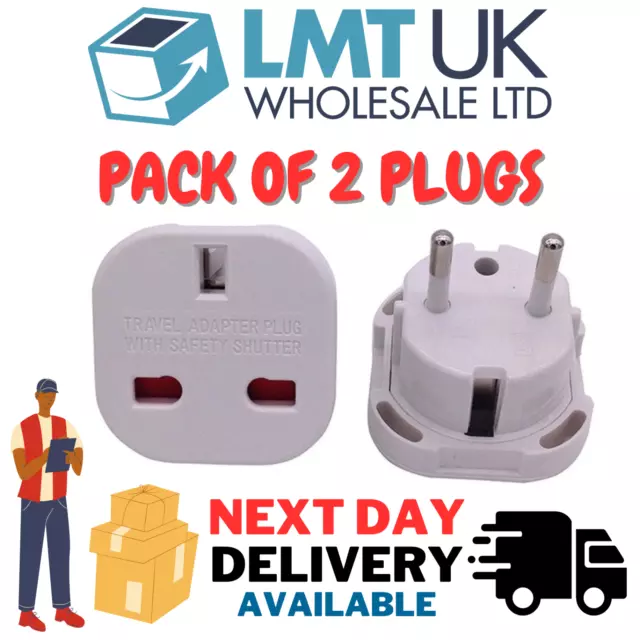 2 Pack Europe Travel Adapter plug Holiday UK to EU Euro European adaptor 2 Pin