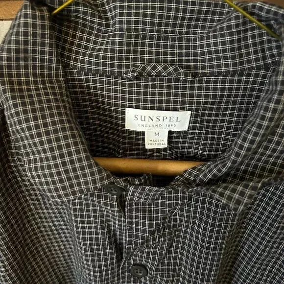 Sunspel Plaid Navy Gray Pajama Shirt Long Sleeve - 100% Cotton, Size M 3