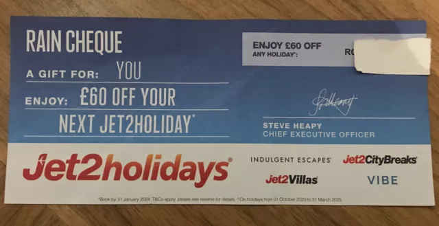 RAIN CHEQUE £60 OFF ANY JET2 HOLIDAYS BOOKED BY 31st January 2024*