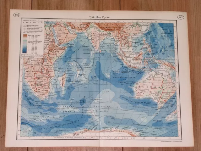1938 Original Vintage Map Of Indian Ocean / Africa Australia India Antarctica