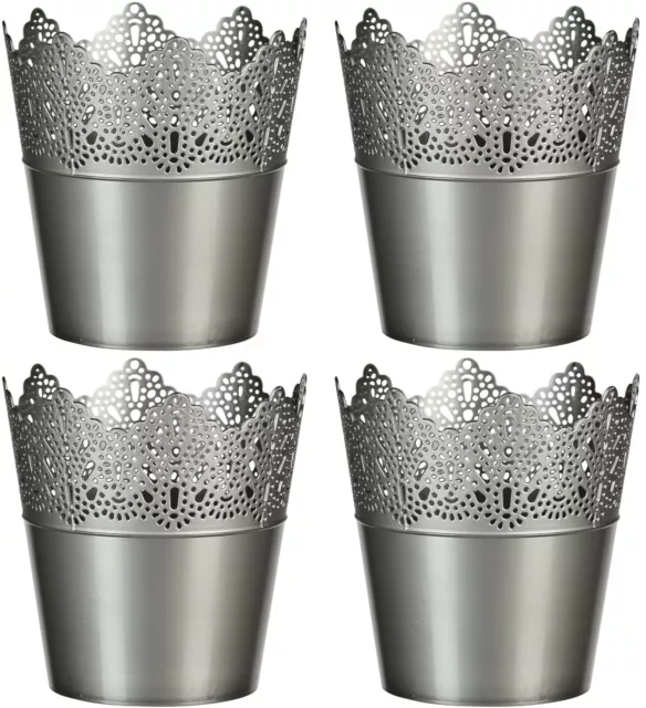 Set Di 4 Argento Plastica Fiore Pianta Vaso 14cm Medio da Volant Pizzo Effetto 3