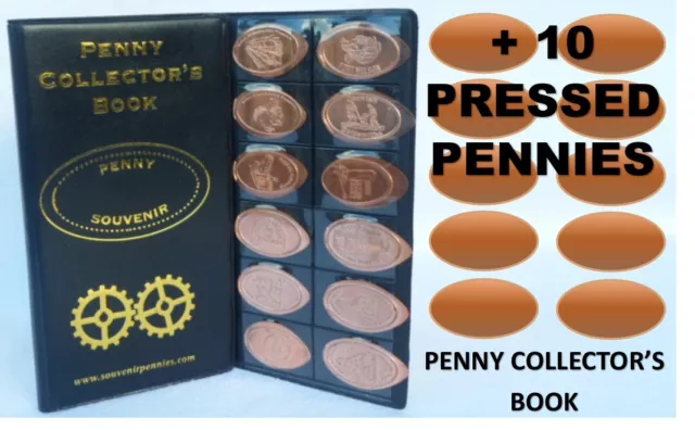 Penny Collector's Book, Elongated Penny Passport, Album + 10 Pressed Pennies