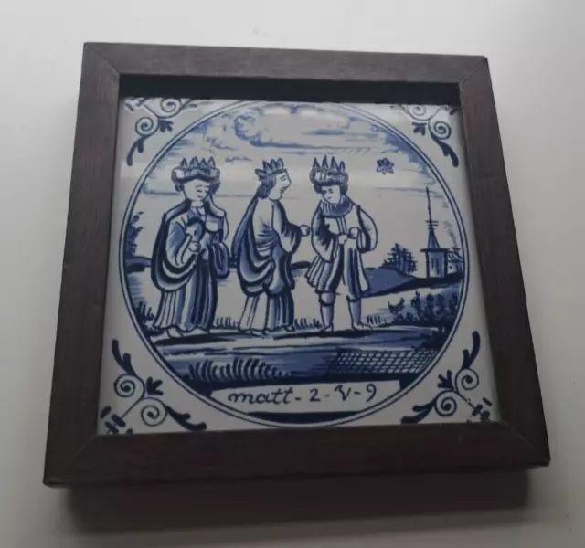 Antique 17th 18th century Dutch Delft Blue Biblical Tile, Matthew 2:5:9