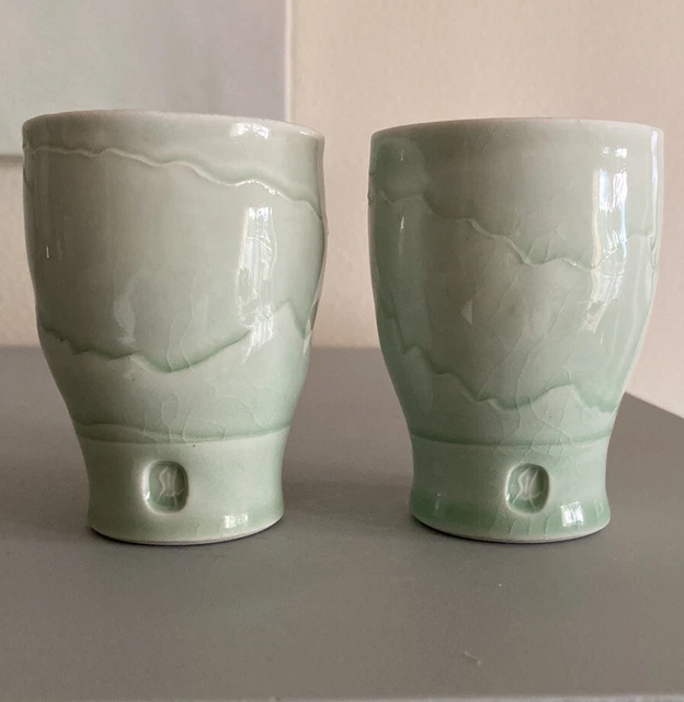 Traditional Asian Pottery Tea Cups Sea Foam Mint Green Crackle Glaze Pair