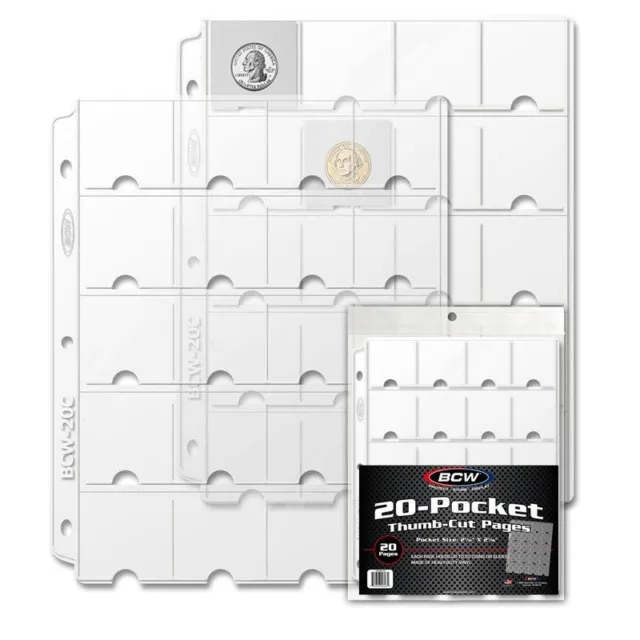 2x2 Coin Pages For 2x2 Cardboard Flips 20 Pockets BCW Vinyl w/ Thumb Cuts 20 Pcs