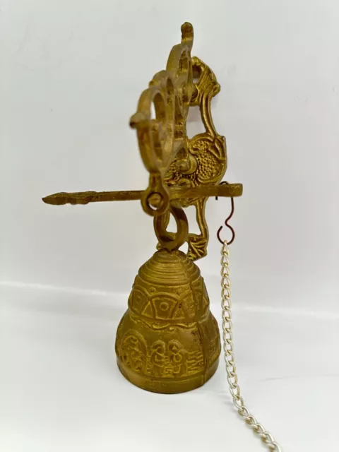 Vtg Brass Wall Mount Hanging Monastery/Door/Dinner Bell with Ornate Pull