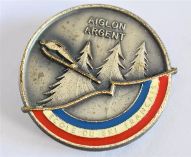 Insigne, broche médaille ski ESF AIGLON Argent, modèle vintage