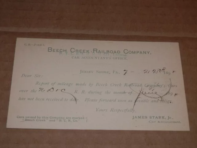 Beech Creek Railroad Company Pa - 1891 Postcard - Jersey Shore Pa - Clinton Co.