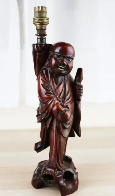 Chinese Wooden Figure sculpture Luo Han Hand Carved Lamp Stand