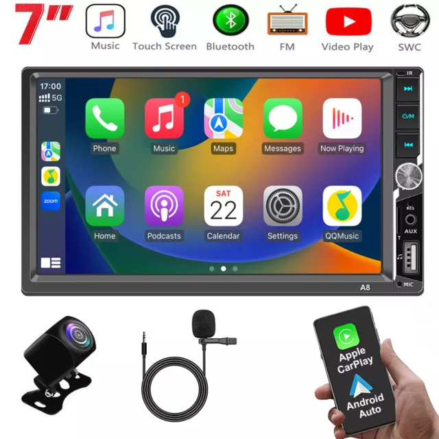 7" Double 2 DIN Bluetooth Car Stereo Touch Screen Radio Player Carplay /USB/AUX