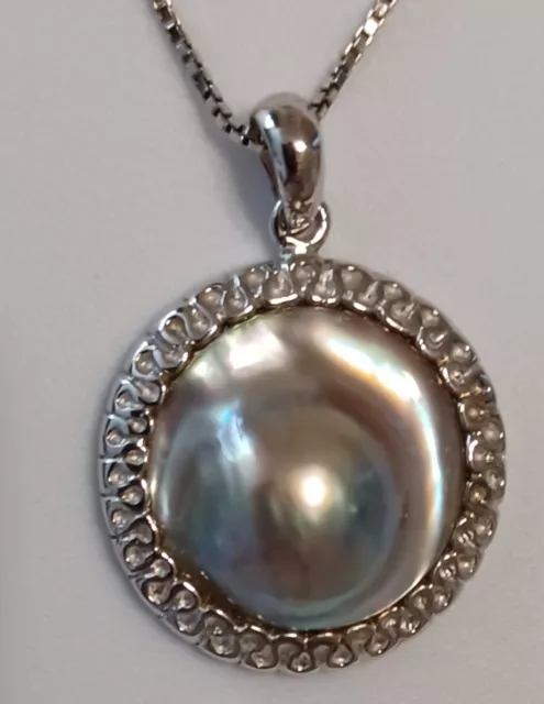 South Sea Rainbow Blister Pearl Pendant Necklace 925 Sterling Silver