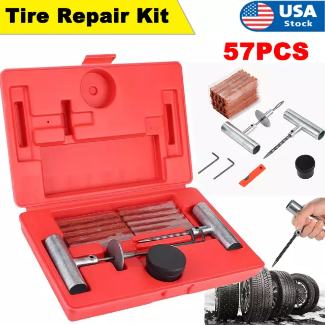 Pro 57pc Flat Tire Repair Kit DIY Car Truck Motorcycle Plug Patch Insert Tool US