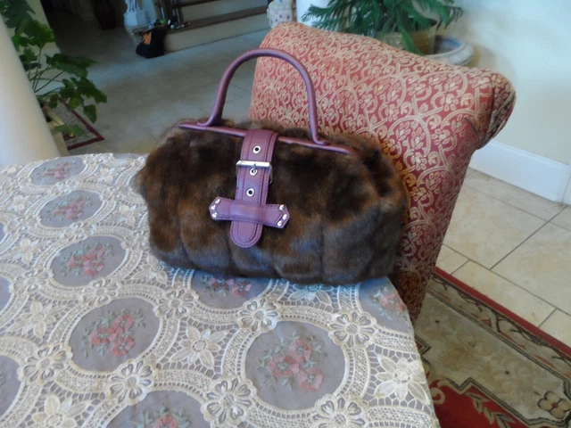 New Sondra Roberts Brown Faux Mink Fur Satchel Bag w/Mauve Leather Trim