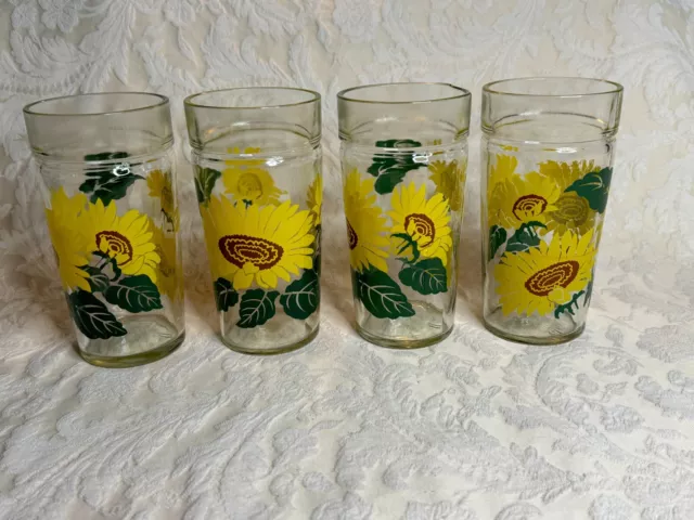 4 Vintage Anchor Hocking Sunflower Jelly Jar Style Drinking Glasses 6" 14 oz