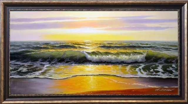 Extra Large Seascape "Golden Sea Evening Surf" Listed Artist Oil Painting Canvas