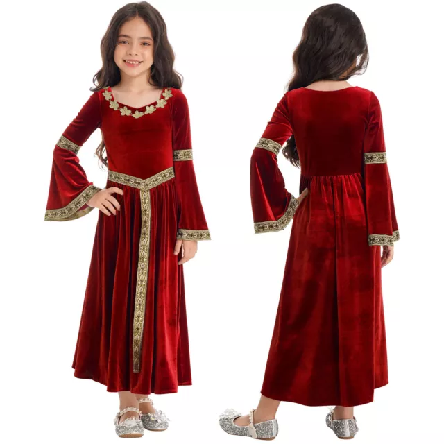 UK Kids Girls Medieval Renaissance Princess Witch Costume 2 Types Velvet Dress