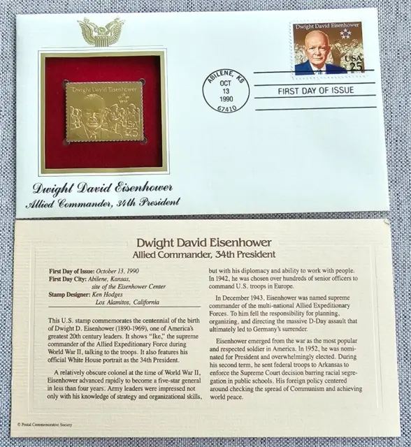 34th PRESIDENT DWIGHT D. EISENHOWER 22k Gold Foil FDC 1990 FIRST DAY ISSUE Stamp