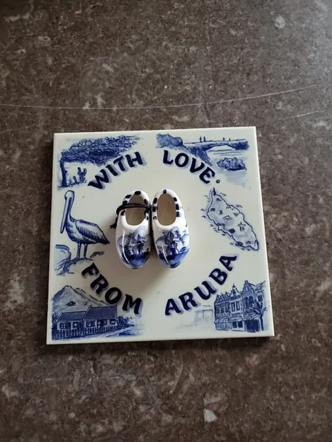 Delft Blue With Love From Aruba Tile Dutch Holland Clogs Shoes Mosa Ceramic 6”