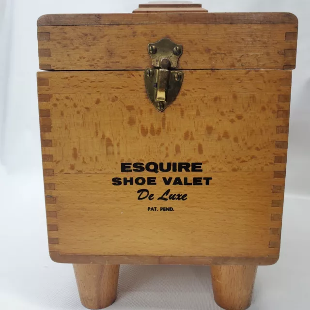 Vintage Esquire Shoe Polish Wooden Box Shoe Valet De Luxe W/3 Brushes