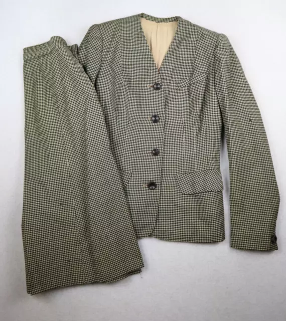 Vintage 50S Women's Black & Beige Plaid Wool Skirt Suit - See Photos