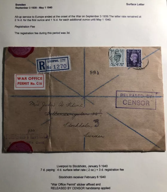 1940 Liverpool England Censored War Office Permit Cover To Stockholm Sweden