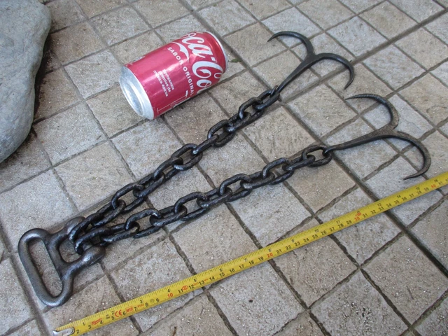Antique Wrought Iron 2 Double Hook With Chain Hanging Kitchen Rustic Farm Tool 4